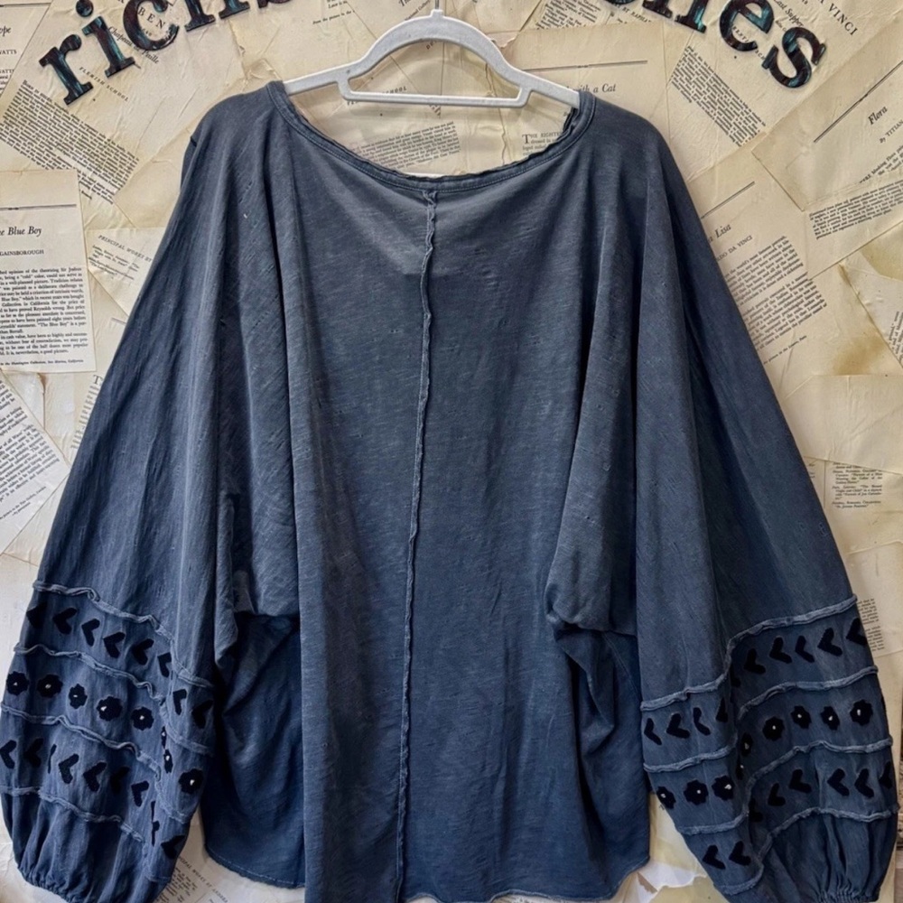 Free People Savannah Embroidered Top Balloon Sleeves Slouchy Wash Black - Picture 5 of 5